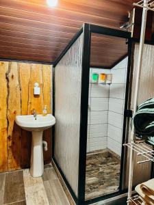 a bathroom with a sink and a shower at Cabañas Queca! in Poás