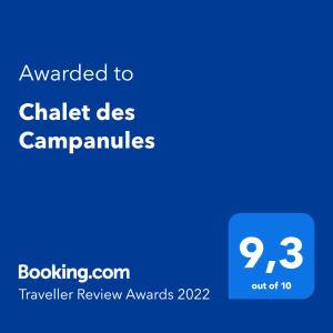 Certifikát, hodnocení, plakát nebo jiný dokument vystavený v ubytování Chalet des Campanules avec Sauna