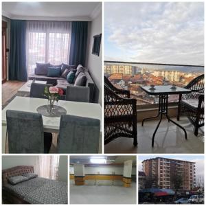 un collage de fotos de una sala de estar con sofá y mesa en Apartman DalMe, en Novi Pazar