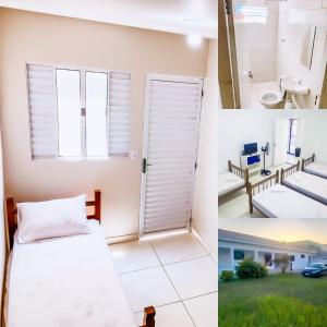 two pictures of a bedroom with a bed and a bathroom at Pousada alojacampinas in Viracopos