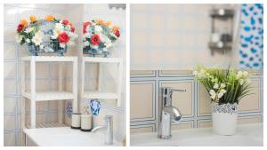 two pictures of a kitchen with flowers on a sink at Toledo Feliz Apartments in Toledo