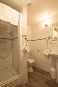 a bathroom with a shower and a toilet and a sink at Hôtel Restaurant Valneige in Mittlach