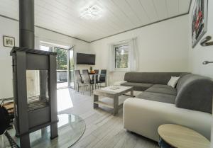 a living room with a couch and a fireplace at Behagliches Cottage mit Kamin mitten im Wald in Feichtenbach