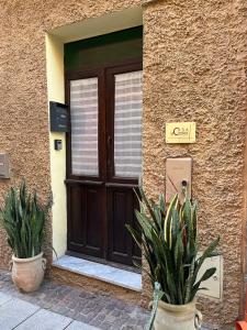 een deur naar een gebouw met twee potplanten voor de deur bij Casa Victoria in Cagliari