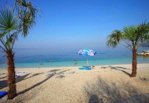 a beach with palm trees and a beach umbrella at Sea La Vie in Dugi Rat