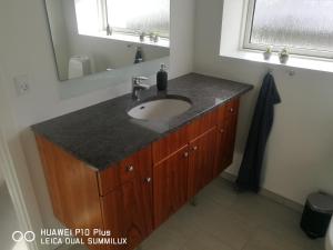 a bathroom with a sink and a mirror at Landevejens B&B Holstebro in Holstebro