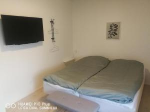 a bedroom with a bed and a flat screen tv at Landevejens B&B Holstebro in Holstebro