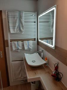 a bathroom with a sink and a mirror and towels at Haus-Saufelsen in Ludwigswinkel