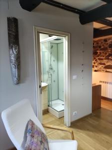 a glass door leading to a shower in a room at Falagueira in Monforte de Lemos