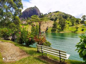 una panchina seduta sull'erba vicino a un lago di Ecolodge Bahia del Peñón a Guatapé