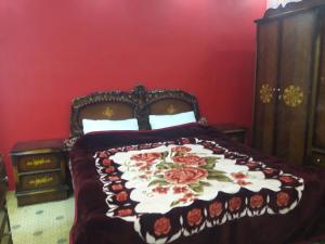 a bedroom with a bed with a red wall at WadiRum Village Lodge in Wadi Rum