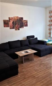 フィーアゼンにあるMonterwohnungen Santos-Lerchのリビングルーム(青いソファ、コーヒーテーブル付)