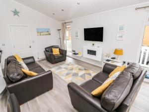 a living room with two leather couches and a flat screen tv at Erisa in Narberth