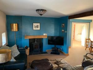 uma sala de estar com uma parede azul e uma lareira em Fern Cottage em Saltburn-by-the-Sea