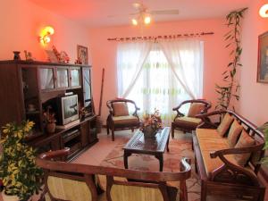 a living room with a couch and a tv at Golden Rod villa in Belle Mare