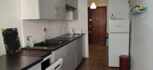 La cuisine blanche est équipée d'un évier et d'un réfrigérateur. dans l'établissement apartment 50m from historic town 5min Beach Palais Croisette - Free private parking, à Cannes