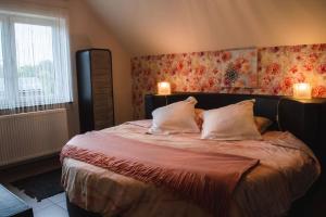 1 dormitorio con 1 cama grande y 2 almohadas en De Pluktuin en Kortessem