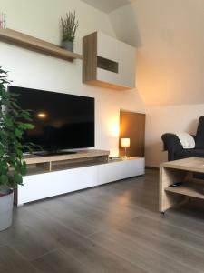 a living room with a large flat screen tv at FeWo Vißer‘s Landblick in Krummhörn