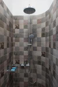 ein Bad mit einer Dusche mit einem Duschkopf in der Unterkunft BLUE Seaside Studio in Sifnos