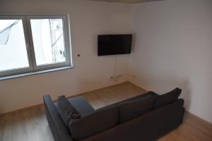 a living room with a couch and a flat screen tv at Ferienwohnung Steigerwaldblick in Dingolshausen