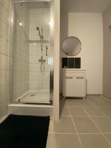 ein Bad mit einer Dusche und einer Glastür in der Unterkunft NG SuiteHome - Lille I Roubaix Edouard Roussel - Studio - Netflix - Wifi in Roubaix
