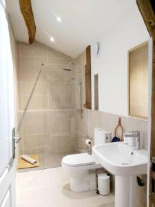 a bathroom with a toilet and a sink and a shower at Beautiful 2 bed cottage with swimming pool in Pagéas +64 photos