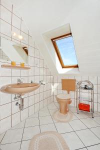 a bathroom with a sink and a toilet at Ferienwohnungen auf dem Ferienhof Elke Peters in Holtgast +19 photos