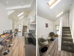 two views of a house with stairs and a living room at Daniel Chambers in Camborne