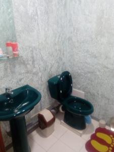 uma casa de banho com um WC verde e um lavatório em Квартира у Светы em Pizunda
