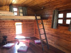 eine Leiter in einem Blockhaus mit einem Etagenbett in der Unterkunft Les roulottes de cirque Les Settons in Moux-en-Morvan