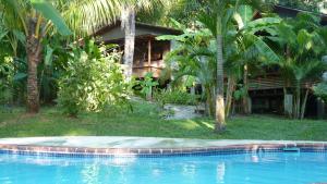 a swimming pool in front of a house with palm trees at Hotel Luz de Luna in Santa Teresa Beach