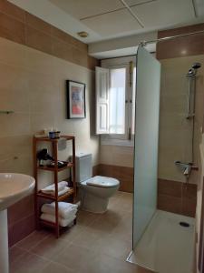 uma casa de banho com um WC, um lavatório e um chuveiro em Hotel Arrope em Haro