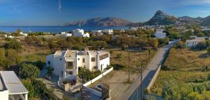 an aerial view of a town with the ocean and buildings at To Pithari in Skiros