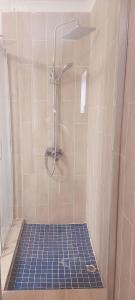 a bathroom with a shower with a blue tile floor at Monaco villa Gaborone in Gaborone +12 photos
