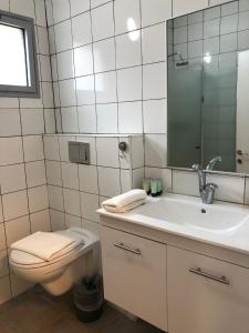 a bathroom with a toilet and a sink and a mirror at Kurlender Guest House in Sheʼar Yashuv