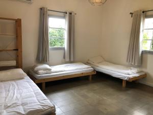 2 letti in una camera con 2 finestre di Kurlender Guest House a Sheʼar Yashuv
