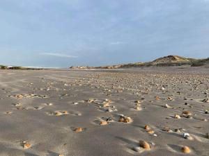 uma praia arenosa com pegadas na areia em Studio du Cairn em Wimereux