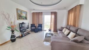 a living room with a couch and a tv at Loreto Rose, Panoramic Ocean and Mountain View in Arco da Calheta