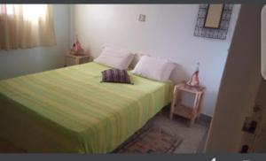 - une chambre avec un lit vert et 2 oreillers dans l'établissement La maison des amis, à Taroudant