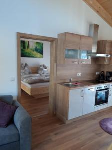 a kitchen and living room with a bed in the background at Gästehaus Andreas in Schönsee