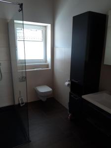 een badkamer met een toilet, een wastafel en een raam bij Gästehaus Andreas in Schönsee