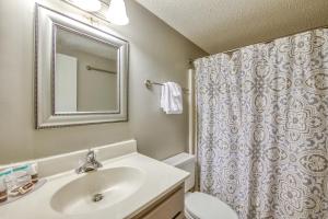 a bathroom with a sink and a shower curtain at Beehive Condo in Lake Junaluska +52 photos