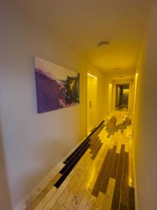un corridoio con un dipinto appeso a un muro di WOW studios for rent - bul Montevideo 25A - B a Sofia
