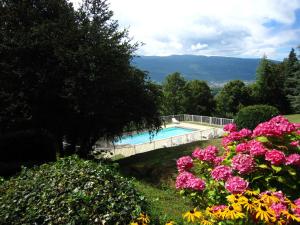 een zwembad met roze bloemen in de tuin bij Cosy castle with pool in Serri res en Chautagne in Serrières-en-Chautagne
