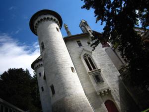 a building with a tower on top of it at Cosy chateau with pool in Serrières-en-Chautagne