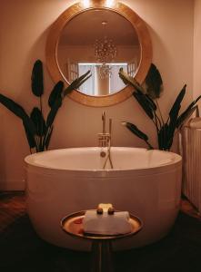a bathroom with a bath tub and a mirror at Maison Marie-Astrid, Suite avec Balnéo privée in Bordeaux +25 photos