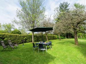 シニーにあるQuaint Cottage in Chiny with Private Gardenの芝生の傘下のテーブルと椅子