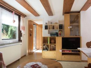 een woonkamer met een tv en een houten kast bij Homey Chalet in Breitenbrunn Rittersgrun in Breitenbrunn