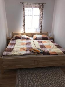 Bett in einem Schlafzimmer mit Fenster in der Unterkunft Apartment Šedivý in Krásná Lípa