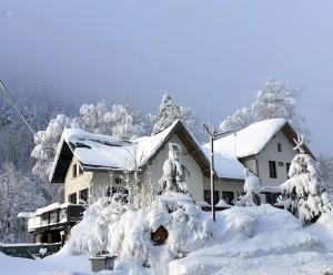 ein schneebedecktes Haus mit schneebedeckten Bäumen in der Unterkunft Les ateliers du Cucheron in Saint-Pierre-de-Chartreuse